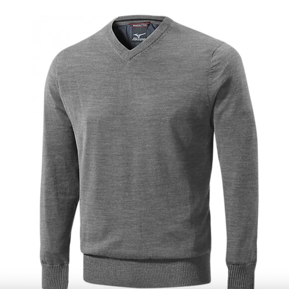 MIZUNO Mens Hayate Merino Wool Gray V-Neck Sweater Size Medium Golf Activewear - Picture 1 of 12